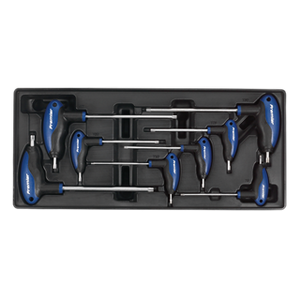 The Sealey Tool Tray with T-Handle TRX-Star* Key Set 8pc - TBT05 holds eight T-handle hex wrenches with blue and black handles, arranged by size. It's perfect for professional technician tools.