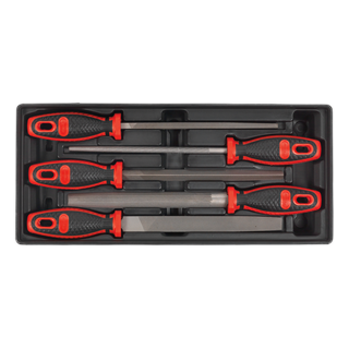 A set of five screwdrivers with red and black handles, organized in a Sealey Premier Line TBT09 tool tray, perfect for professional technician tools.