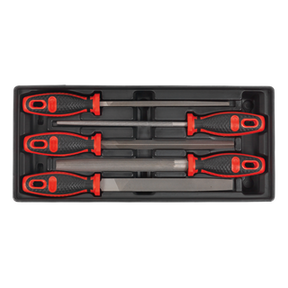 A set of five screwdrivers with red and black handles, organized in a Sealey Premier Line TBT09 tool tray, perfect for professional technician tools.