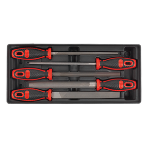 A set of five screwdrivers with red and black handles, organized in a Sealey Premier Line TBT09 tool tray, perfect for professional technician tools.