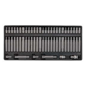 A black tray from Sealey's Premier Line, the Tool Tray with Security TRX-Star*/Hex/Ribe/Spline Bit Set 60pc (TBT11), features a meticulously arranged collection of various-sized metal hex bit sockets in multiple rows, perfect for the professional technician.