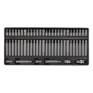 A black tray from Sealey's Premier Line, the Tool Tray with Security TRX-Star*/Hex/Ribe/Spline Bit Set 60pc (TBT11), features a meticulously arranged collection of various-sized metal hex bit sockets in multiple rows, perfect for the professional technician.