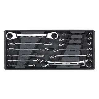 The Sealey Tool Tray with Flare Nut & Ratchet Ring Spanner Set 12pc (TBT13) contains a set of twelve flare nut and ratchet ring spanners, each held in individual slots.