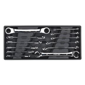 The Sealey Tool Tray with Flare Nut & Ratchet Ring Spanner Set 12pc (TBT13) contains a set of twelve flare nut and ratchet ring spanners, each held in individual slots.
