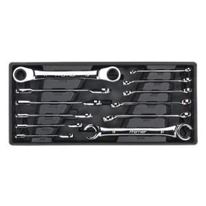 The Sealey Tool Tray with Flare Nut & Ratchet Ring Spanner Set 12pc (TBT13) contains a set of twelve flare nut and ratchet ring spanners, each held in individual slots.