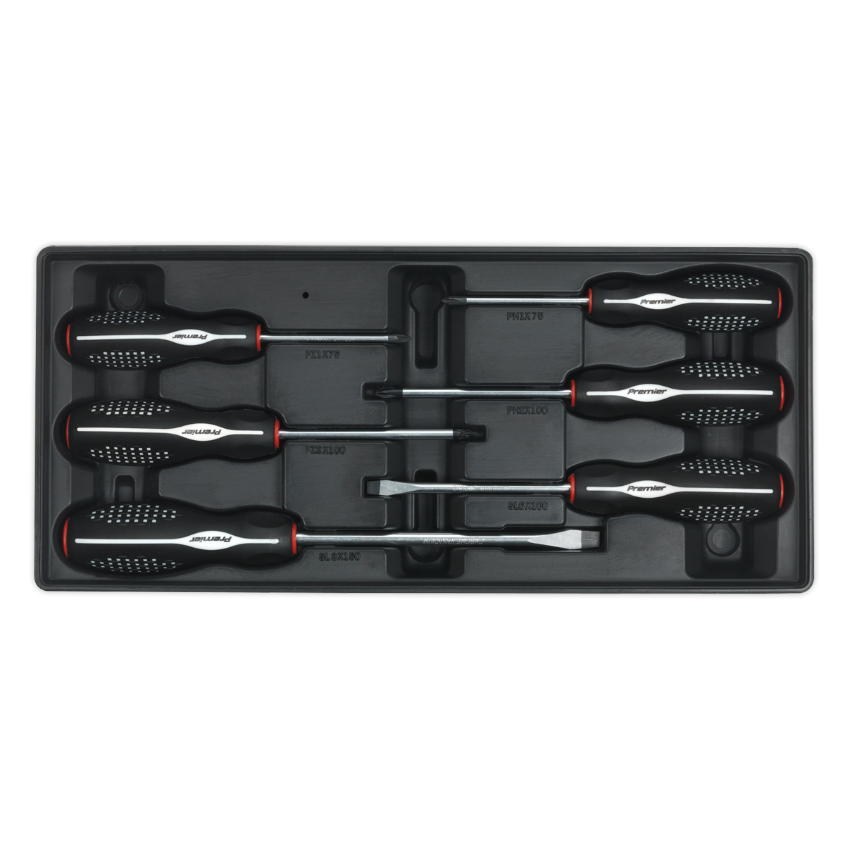 A set of six Sealey Premier Line screwdrivers of varying sizes with black and red handles, arranged neatly in a black plastic organizing tray—introducing the Tool Tray with Screwdriver Set 6pc - TBT14, perfect for the professional technician.