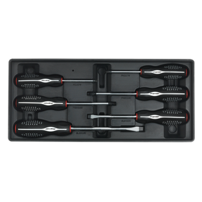 A set of six Sealey Premier Line screwdrivers of varying sizes with black and red handles, arranged neatly in a black plastic organizing tray—introducing the Tool Tray with Screwdriver Set 6pc - TBT14, perfect for the professional technician.