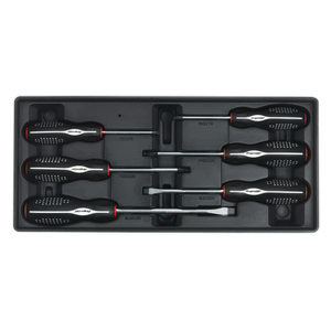 A set of six Sealey Premier Line screwdrivers of varying sizes with black and red handles, arranged neatly in a black plastic organizing tray—introducing the Tool Tray with Screwdriver Set 6pc - TBT14, perfect for the professional technician.