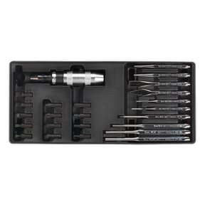 The Sealey Tool Tray with Punch & Impact Driver Set 25pc - TBT18 from the Premier Line range features a black plastic case containing a silver T-handle and various precision screwdrivers, making it perfect for professional technicians.
