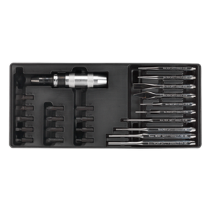 The Sealey Tool Tray with Punch & Impact Driver Set 25pc - TBT18 from the Premier Line range features a black plastic case containing a silver T-handle and various precision screwdrivers, making it perfect for professional technicians.
