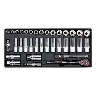 The Sealey Tool Tray with Socket Set 35pc 3/8" Sq Drive - TBT20 includes a variety of sockets and ratchets, all neatly arranged in a black plastic case, making it ideal for professional technicians.