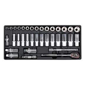 The Sealey Tool Tray with Socket Set 35pc 3/8" Sq Drive - TBT20 includes a variety of sockets and ratchets, all neatly arranged in a black plastic case, making it ideal for professional technicians.