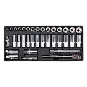 The Sealey Tool Tray with Socket Set 35pc 3/8" Sq Drive - TBT20 includes a variety of sockets and ratchets, all neatly arranged in a black plastic case, making it ideal for professional technicians.