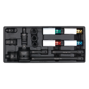 A black foam case from Sealey containing various tools organized in individual compartments, including three long handles, two colored cylindrical objects, and multiple smaller attachments—all part of the Superline PRO® range under the Tool Tray with Impact Socket & Adaptor Set 15pc Metric - TBT25 collection for professional technician tools.