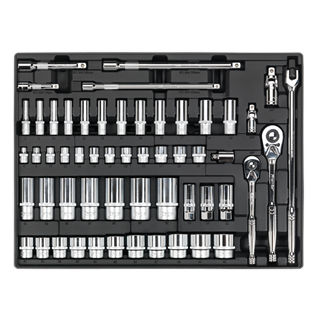 Introducing the Sealey Tool Tray with Socket Set 55pc 3/8" & 1/2"Sq Drive - TBT31, a comprehensive mechanic's socket set featuring a variety of sockets, ratchets, and extensions organized neatly in a black case. Ideal for professional technicians, this set is part of the Premier Line Tool Trays collection and comes with a lifetime guarantee.