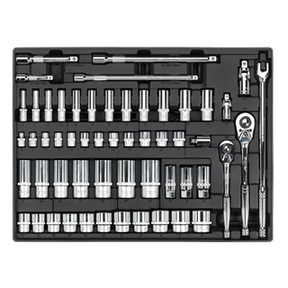 Introducing the Sealey Tool Tray with Socket Set 55pc 3/8" & 1/2"Sq Drive - TBT31, a comprehensive mechanic's socket set featuring a variety of sockets, ratchets, and extensions organized neatly in a black case. Ideal for professional technicians, this set is part of the Premier Line Tool Trays collection and comes with a lifetime guarantee.