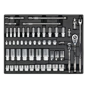 Introducing the Sealey Tool Tray with Socket Set 55pc 3/8" & 1/2"Sq Drive - TBT31, a comprehensive mechanic's socket set featuring a variety of sockets, ratchets, and extensions organized neatly in a black case. Ideal for professional technicians, this set is part of the Premier Line Tool Trays collection and comes with a lifetime guarantee.