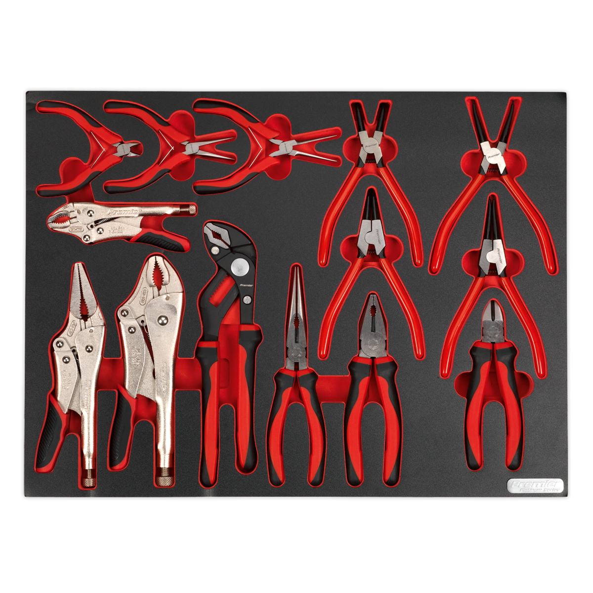 Sealey's Tool Tray with Pliers Set 14pc - TBTP05, part of the Premier Platinum tool trays lineup, features a black foam organizer that holds a variety of pliers and wrenches. Each tool, equipped with red handles, is individually slotted into designated cutouts for optimal professional technician tools organization.