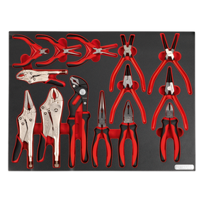 Sealey's Tool Tray with Pliers Set 14pc - TBTP05, part of the Premier Platinum tool trays lineup, features a black foam organizer that holds a variety of pliers and wrenches. Each tool, equipped with red handles, is individually slotted into designated cutouts for optimal professional technician tools organization.