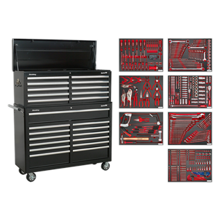 A black Sealey Tool Chest Combination 23 Drawer with Ball-Bearing Slides (TBTPBCOMBO4), featuring organized tool trays displaying a 446-piece set of various hand tools in red and silver.