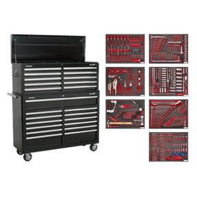 A black Sealey Tool Chest Combination 23 Drawer with Ball-Bearing Slides (TBTPBCOMBO4), featuring organized tool trays displaying a 446-piece set of various hand tools in red and silver.