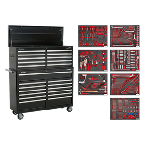 A black Sealey Tool Chest Combination 23 Drawer with Ball-Bearing Slides (TBTPBCOMBO4), featuring organized tool trays displaying a 446-piece set of various hand tools in red and silver.