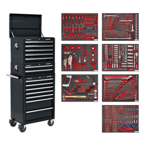 Tool Chest Combination 14 Drawer with Ball-Bearing Slides - Black & 446pc Tool Kit - TBTPCOMBO2 - Farming Parts