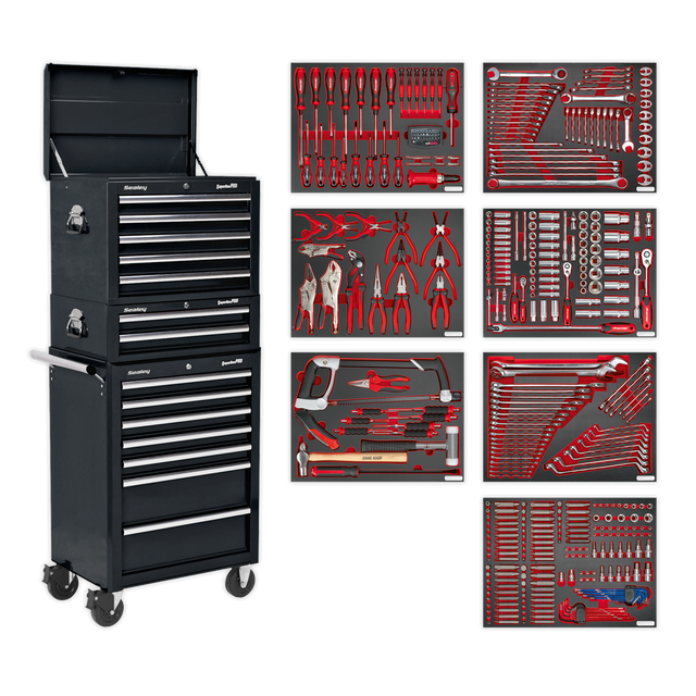 Tool Chest Combination 14 Drawer with Ball-Bearing Slides - Black & 446pc Tool Kit - TBTPCOMBO2 - Farming Parts