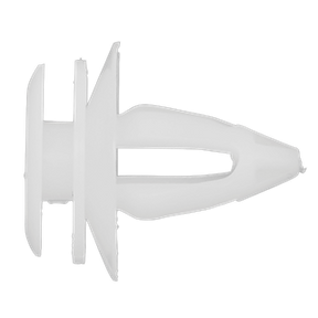 The Sealey Panel Clip, Door Trim, Ø18mm x 21mm, universally used for securing screws in hollow walls, features a white plastic design with a flat head and pronged body. Available in packs of 20 (TCDC1820U).