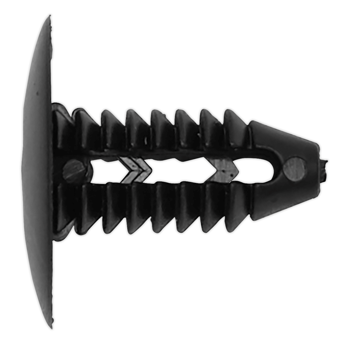 A Sealey Fir Tree Clip (Product Code: TCFT2018U), shown in a side view, featuring a black plastic composition with a flat head and serrated body, Ø19mm x 18mm - Pack of 20, similar to an OEM GM fir tree clip.