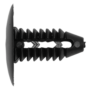 A Sealey Fir Tree Clip (Product Code: TCFT2018U), shown in a side view, featuring a black plastic composition with a flat head and serrated body, Ø19mm x 18mm - Pack of 20, similar to an OEM GM fir tree clip.