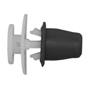 A compact white plastic Side Moulding Clip/Grommet with a black rubber or plastic screw head insert, measuring Ø18mm x 23mm from Sealey, designed for VW Golf III (Pack of 20) - TCMC1820VW.