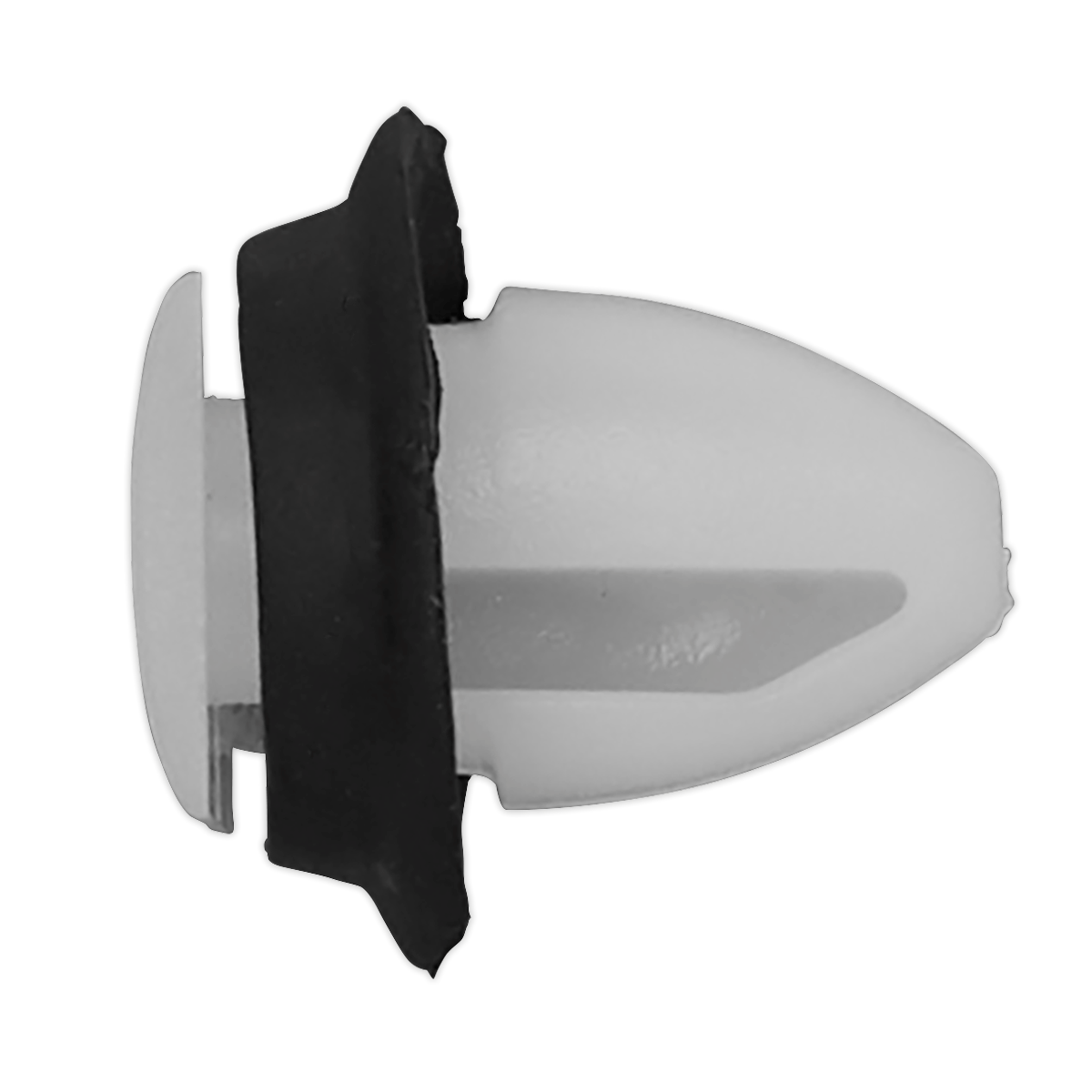 A small, white plastic fastener with a black rubber gasket, often used as a moulding clip for Fiat and Citroen models, shown on a black background. Introducing the Sealey Moulding Clip (TCMC2018), measuring Ø20mm x 19mm, suitable for use with Citroen, Fiat, and Peugeot vehicles - Pack of 20.