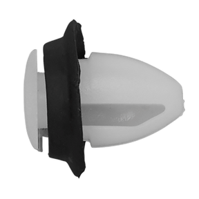 A small, white plastic fastener with a black rubber gasket, often used as a moulding clip for Fiat and Citroen models, shown on a black background. Introducing the Sealey Moulding Clip (TCMC2018), measuring Ø20mm x 19mm, suitable for use with Citroen, Fiat, and Peugeot vehicles - Pack of 20.