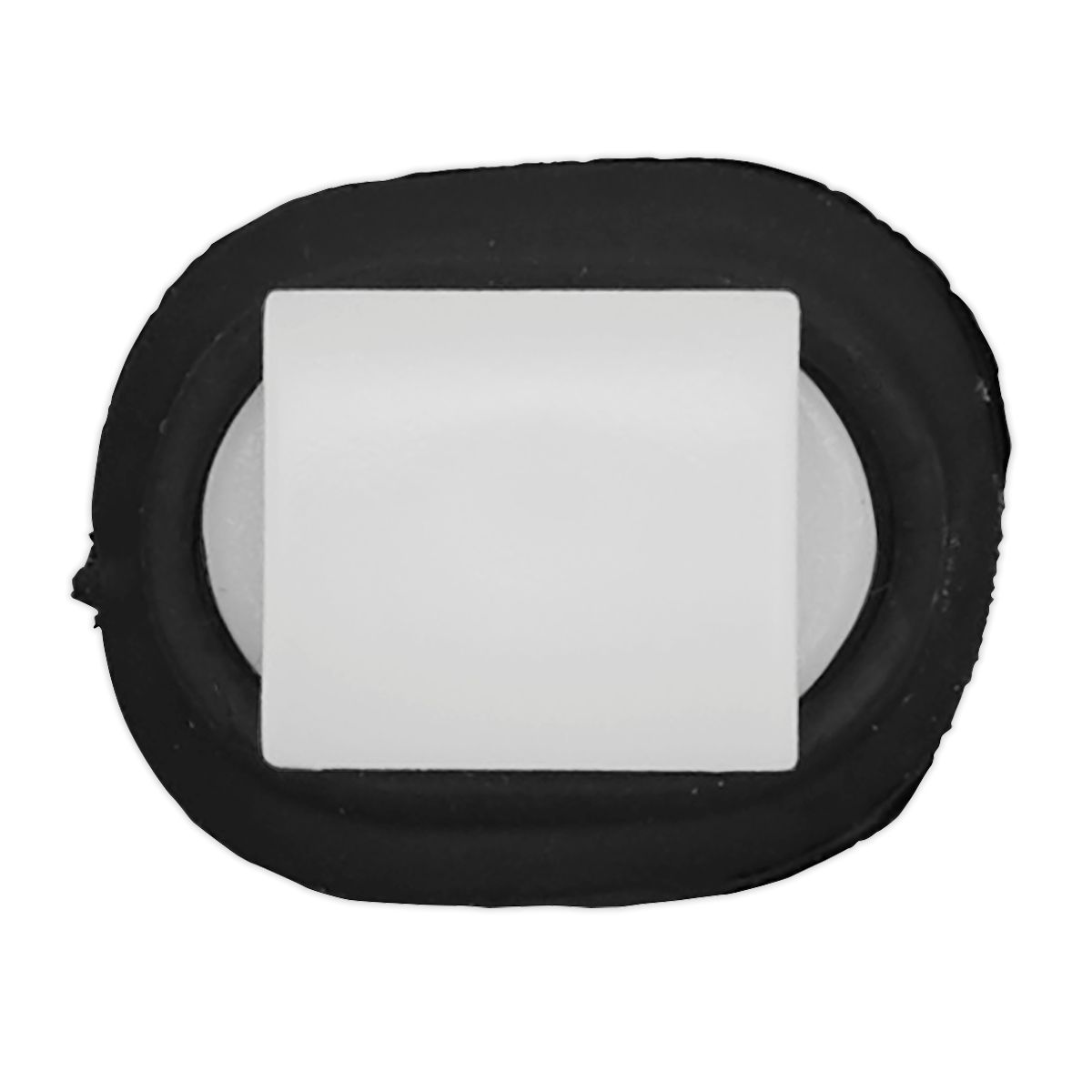 Close-up of a white rectangular button encased in a black oval-shaped base, reminiscent of the precise craftsmanship in Sealey's Moulding Clip for Citroen, Fiat, and Peugeot, set against a plain black background.