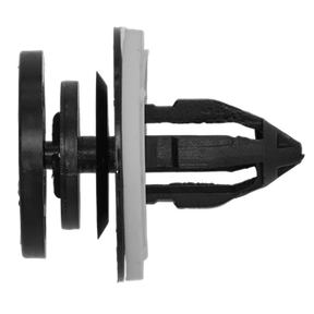 Close-up of the Sealey Panel Clip, Ø27mm x 30mm, Interior with Sealer, Universal - Pack of 20 - TCPC2530U, a black plastic push rivet fastener designed for automotive use. It's ideal for securing an interior panel in Audi/VW vehicles and features a flat top and split stem with a white washer.