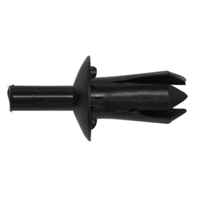 A black OEM automotive push pin fastener with a round base and split prongs from Sealey, specifically the Push Rivet, Ø10mm x 22mm, Universal - Pack of 20 - TCPR1014U.