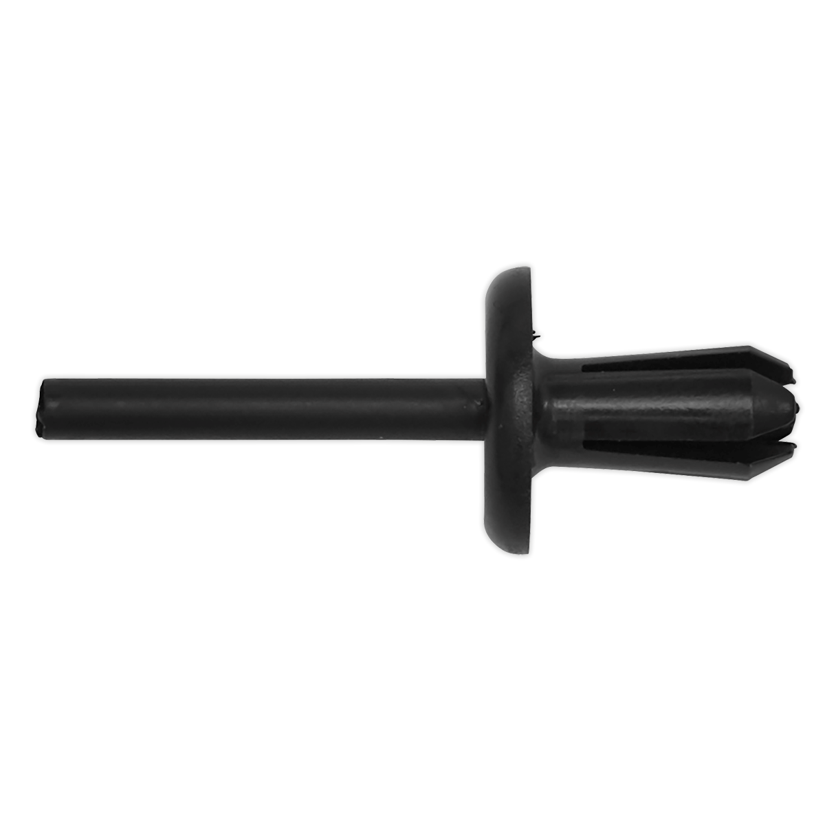 A Sealey Push Rivet, Ø15mm x 41mm, Volvo - Pack of 20 (TCPR1518), crafted from black plastic and essential for securing components in Mercedes and Volvo automotive and electronic assemblies, is shown against a white background.