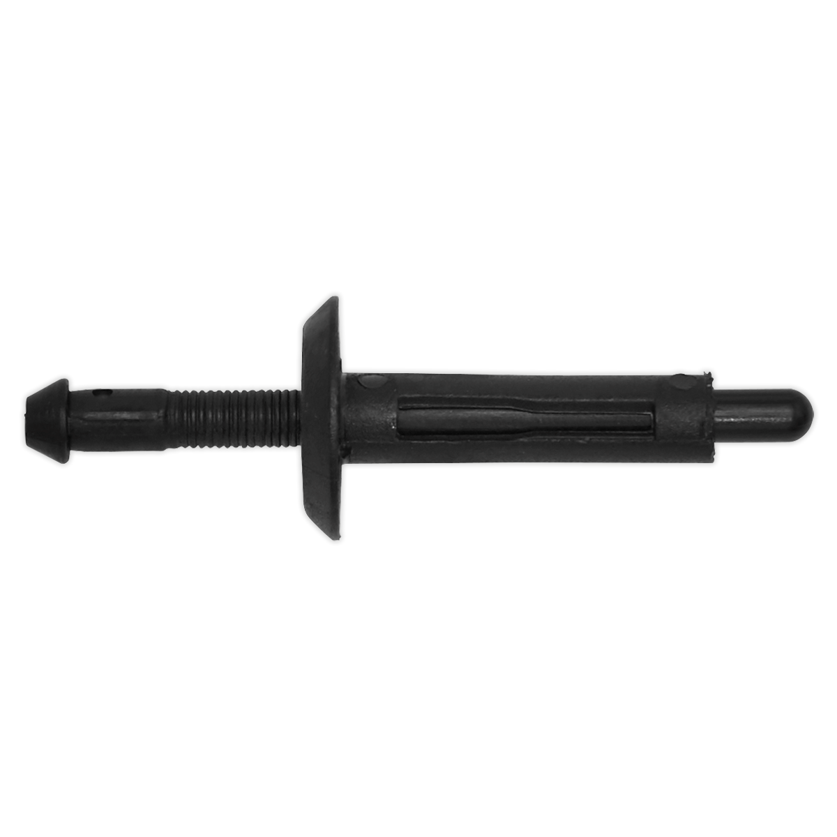 The Sealey Push Rivet (Product Code: TCPR1518U) measuring Ø15mm x 55mm, designed for a 6.3mm hole, comes in a pack of 20 and provides universal compatibility for various applications with its black plastic flat head and split shank.