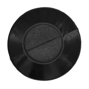 Close-up of a black, round object with a textured center and smooth outer ring, resembling the Sealey Push Rivet, Ø15mm x 36mm - TCPR1730U from the Universal Pack of 20.