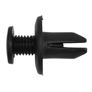 The Sealey Screw Rivet, Ø15mm x 21mm, GM & Honda - Pack of 20 (TCSR1514) features a black plastic construction with a flat head and split prong design, ideal for securing panels or components in Honda and GM vehicles.