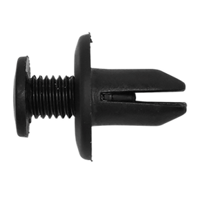 The Sealey Screw Rivet, Ø15mm x 21mm, GM & Honda - Pack of 20 (TCSR1514) features a black plastic construction with a flat head and split prong design, ideal for securing panels or components in Honda and GM vehicles.