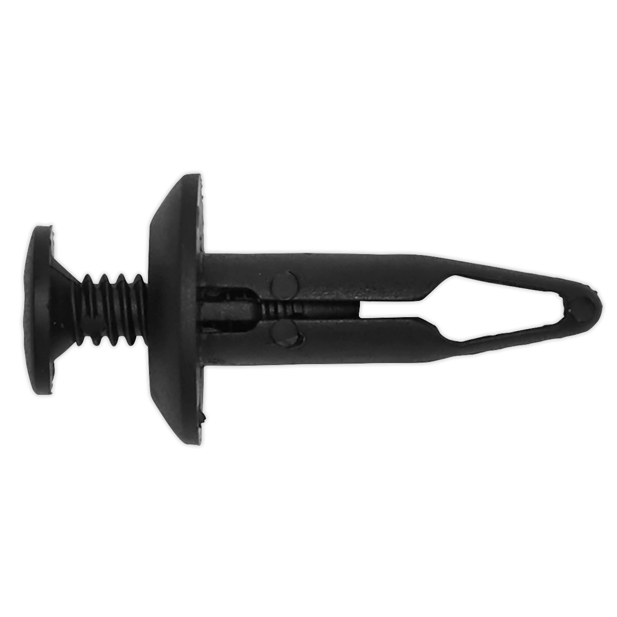 The Sealey Screw Rivet, with a Ø15mm threaded body and 34mm length, features a black plastic construction and a flared head, designed for universally securing materials together. Available in a pack of 20 under model TCSR1525U.