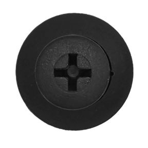 Close-up of a Sealey Screw Rivet, Ø15mm x 34mm, featuring a black, circular button with a cross-shaped indentation in the center, ideal as a universal screw rivet.