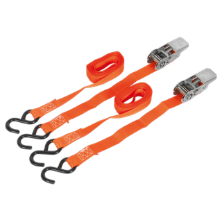 The pair of Sealey Ratchet Straps (model TD0540S2) feature 25mm x 4m polyester webbing with a 500kg breaking strength and are equipped with S-hooks. These durable orange straps come with a rolled strap and a reliable ratchet mechanism, making them ideal for securing cargo.