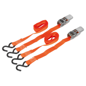 The pair of Sealey Ratchet Straps (model TD0540S2) feature 25mm x 4m polyester webbing with a 500kg breaking strength and are equipped with S-hooks. These durable orange straps come with a rolled strap and a reliable ratchet mechanism, making them ideal for securing cargo.