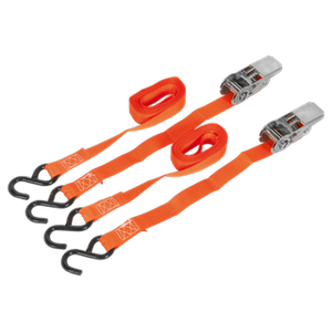 The pair of Sealey Ratchet Straps (model TD0540S2) feature 25mm x 4m polyester webbing with a 500kg breaking strength and are equipped with S-hooks. These durable orange straps come with a rolled strap and a reliable ratchet mechanism, making them ideal for securing cargo.