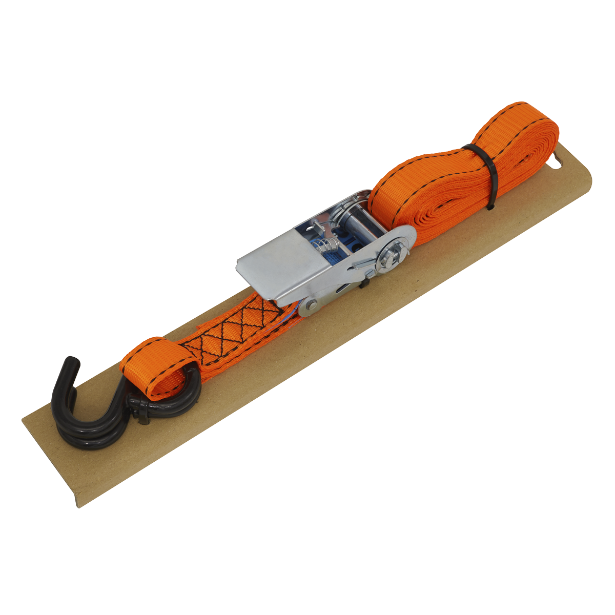 A Sealey Ratchet Strap (model TD0635S) with 25mm x 5m durable polyester webbing, black S-hooks, and a corner protector, capable of withstanding a breaking strength of 600kg, coiled and secured on a cardboard backing.