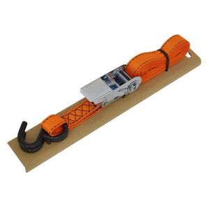 A Sealey Ratchet Strap (model TD0635S) with 25mm x 5m durable polyester webbing, black S-hooks, and a corner protector, capable of withstanding a breaking strength of 600kg, coiled and secured on a cardboard backing.