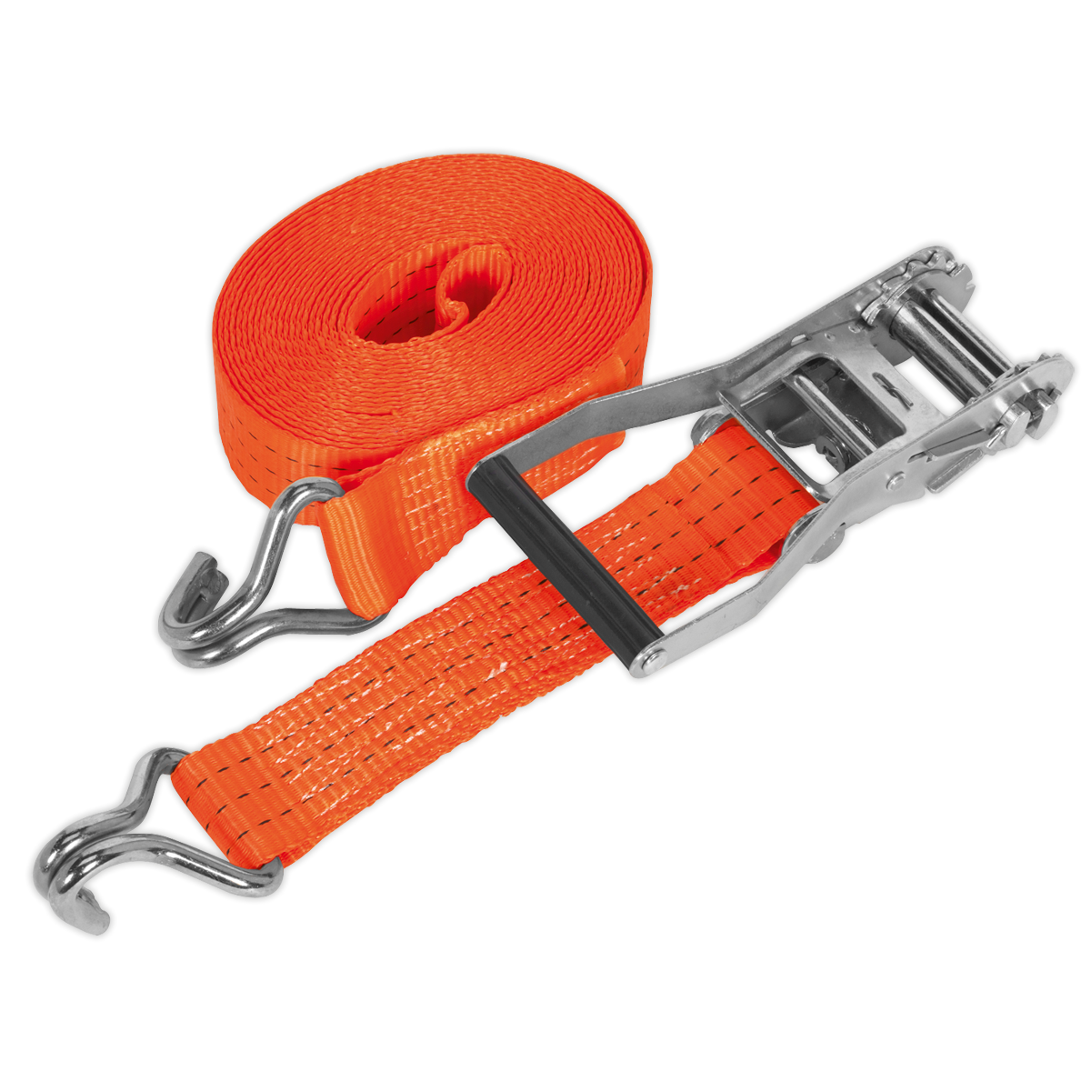 An orange Sealey Ratchet Strap 50mm x 8m, made of durable polyester webbing with a breaking strength of 3000kg, featuring a rolled section on the left and a metal ratchet mechanism with hooks on both ends on the right. The product is set against a black background, model number TD3008J.